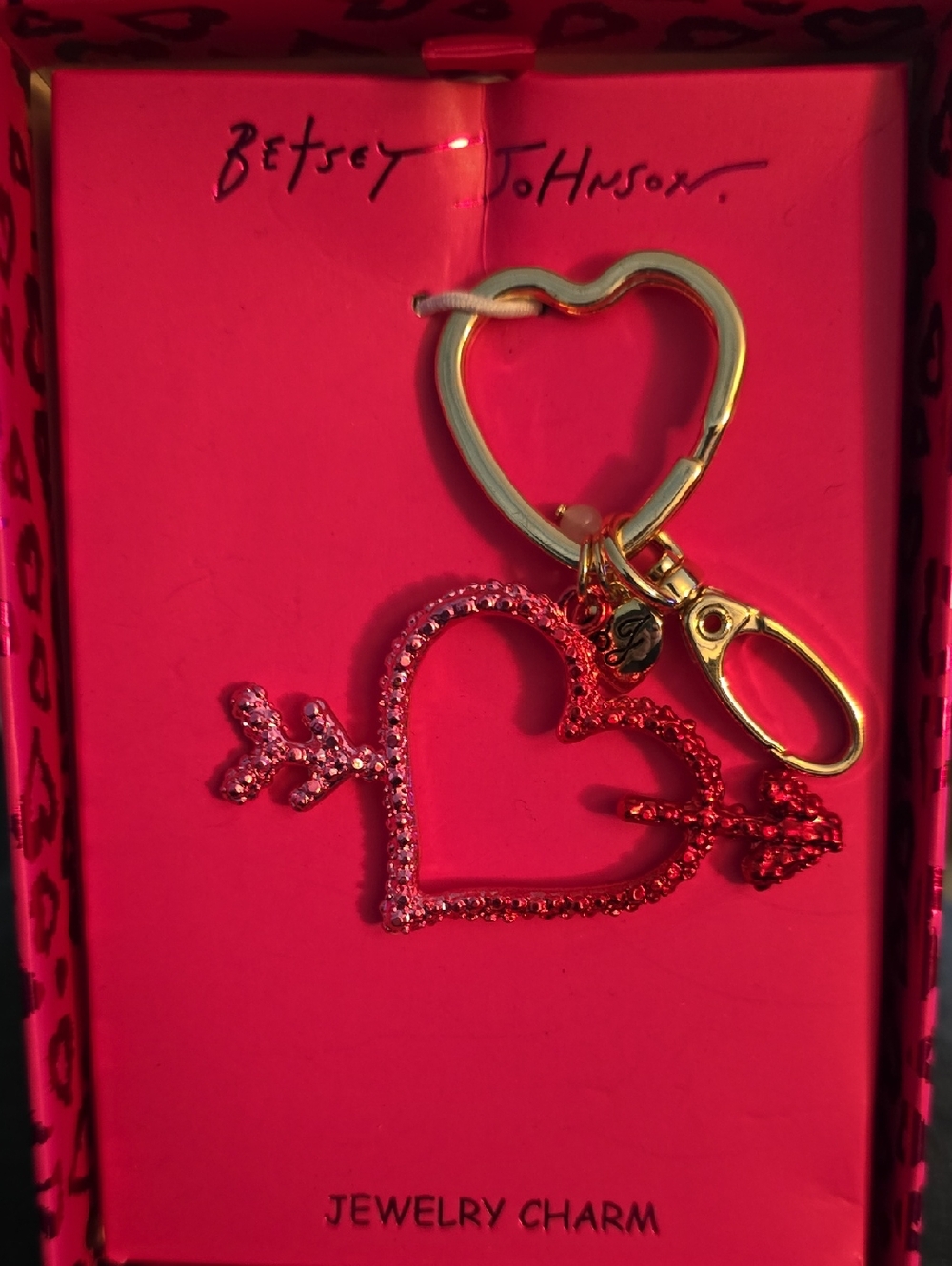 Betsey Johnson Pink Rhinestone Heart Arrow Keychain with Gold Hardware NWOT